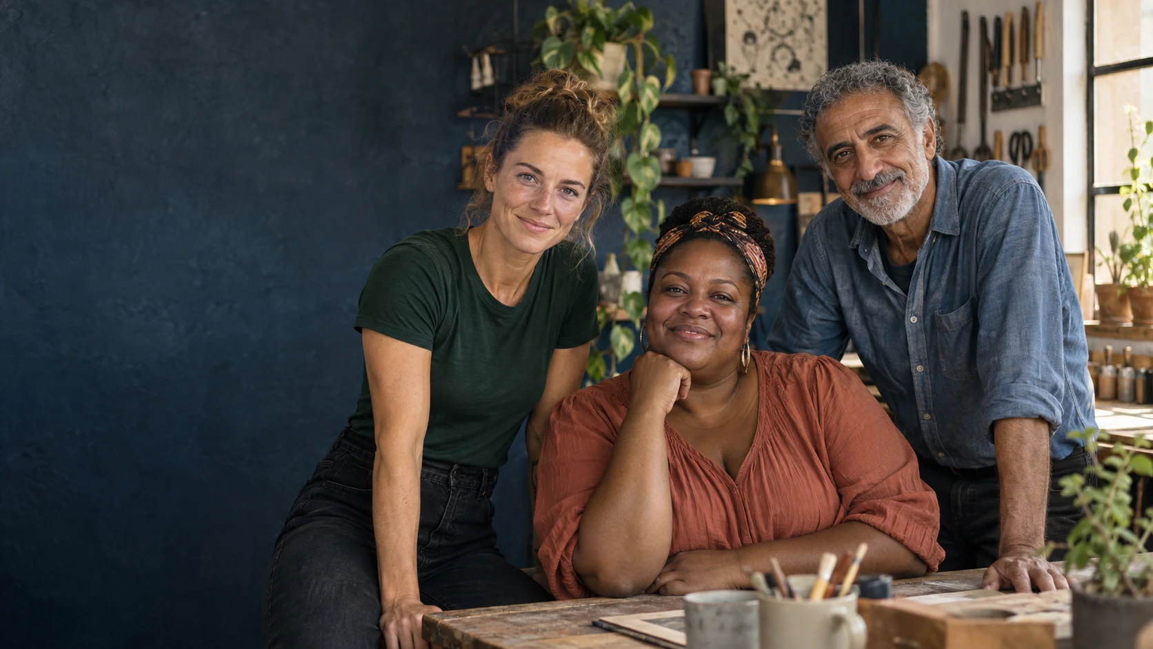 Three adults of different ages looking at the camera together in a creative workshop