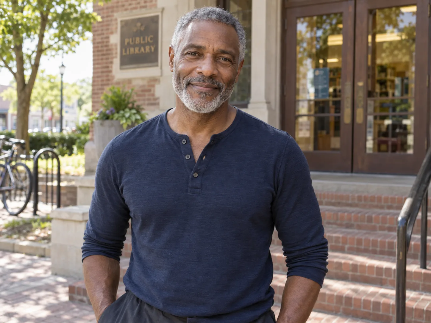 Silver-haired man in a navy shirt looking at the camera outside a public library