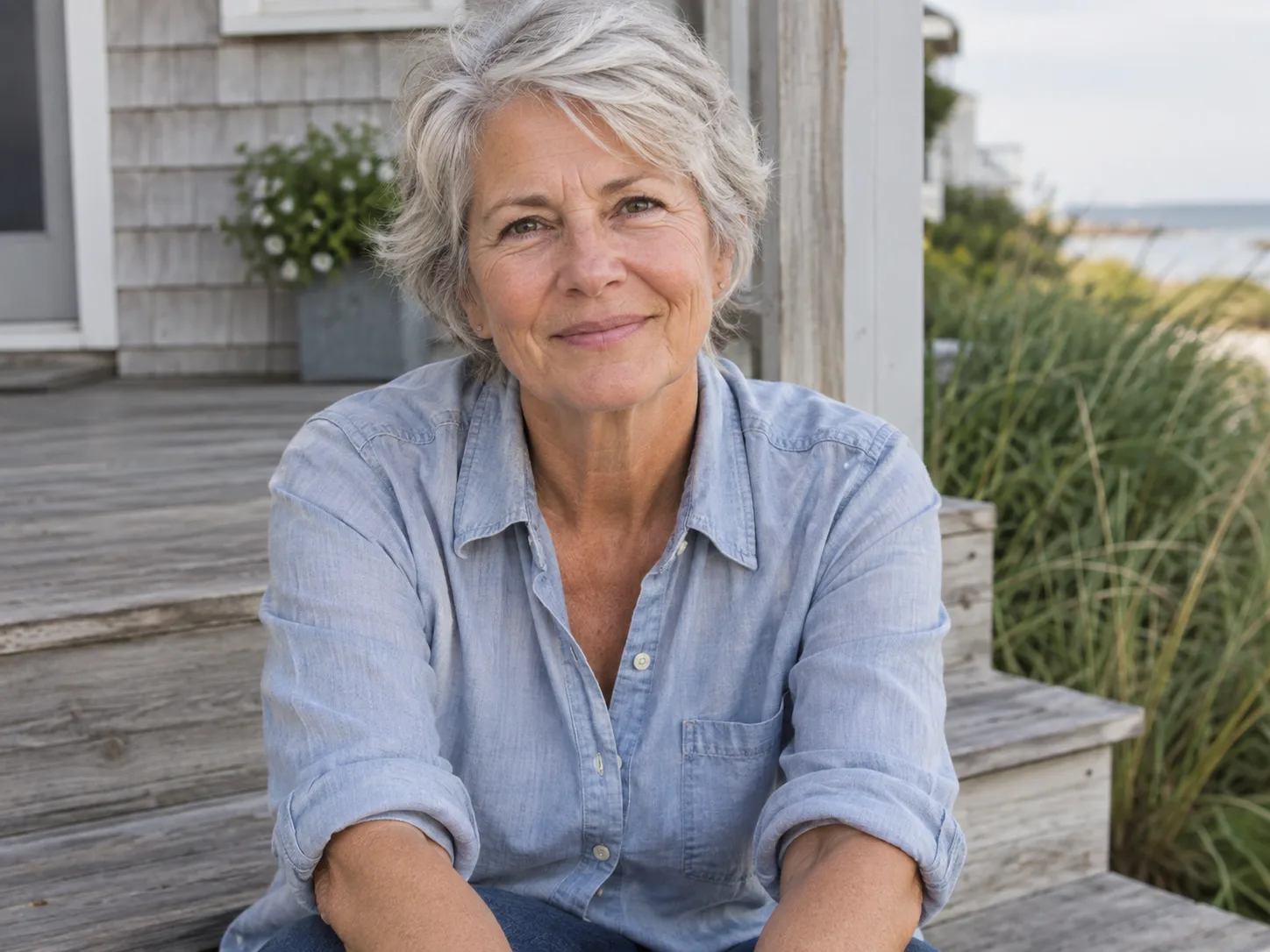 Silver-haired woman in a blue shirt looking at the camera outside a coastal home