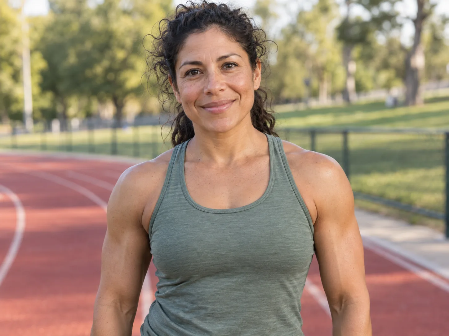Woman in a sage athletic top looking at the camera beside a running track
