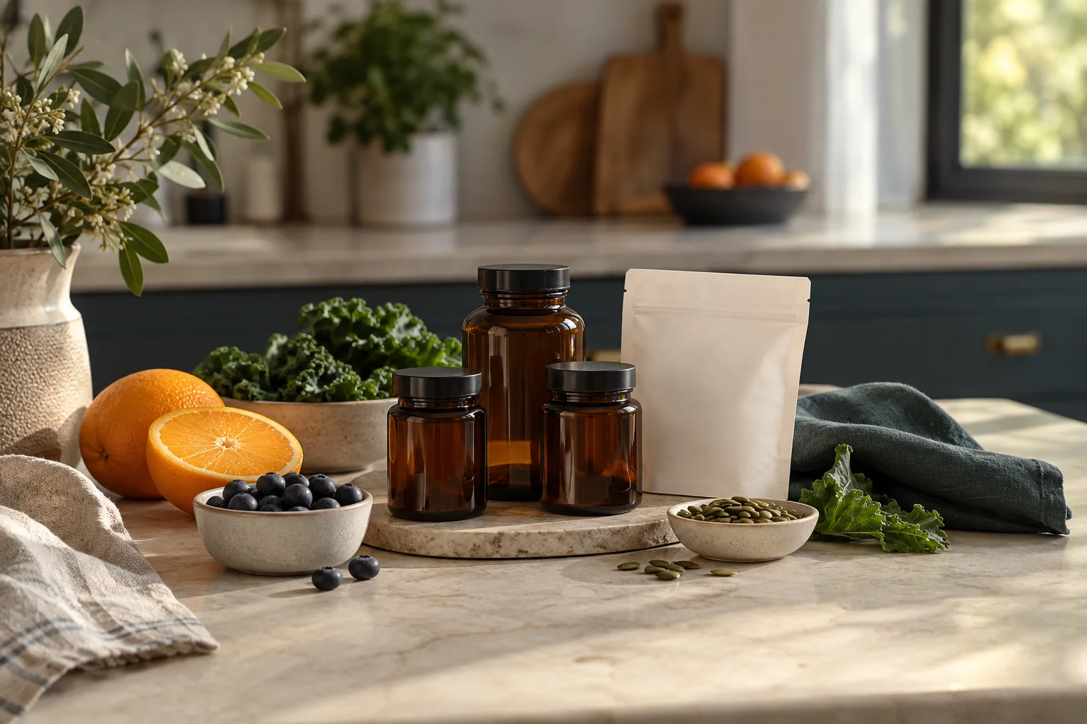 Unlabeled amber supplement bottles with citrus, greens, and berries in a home kitchen