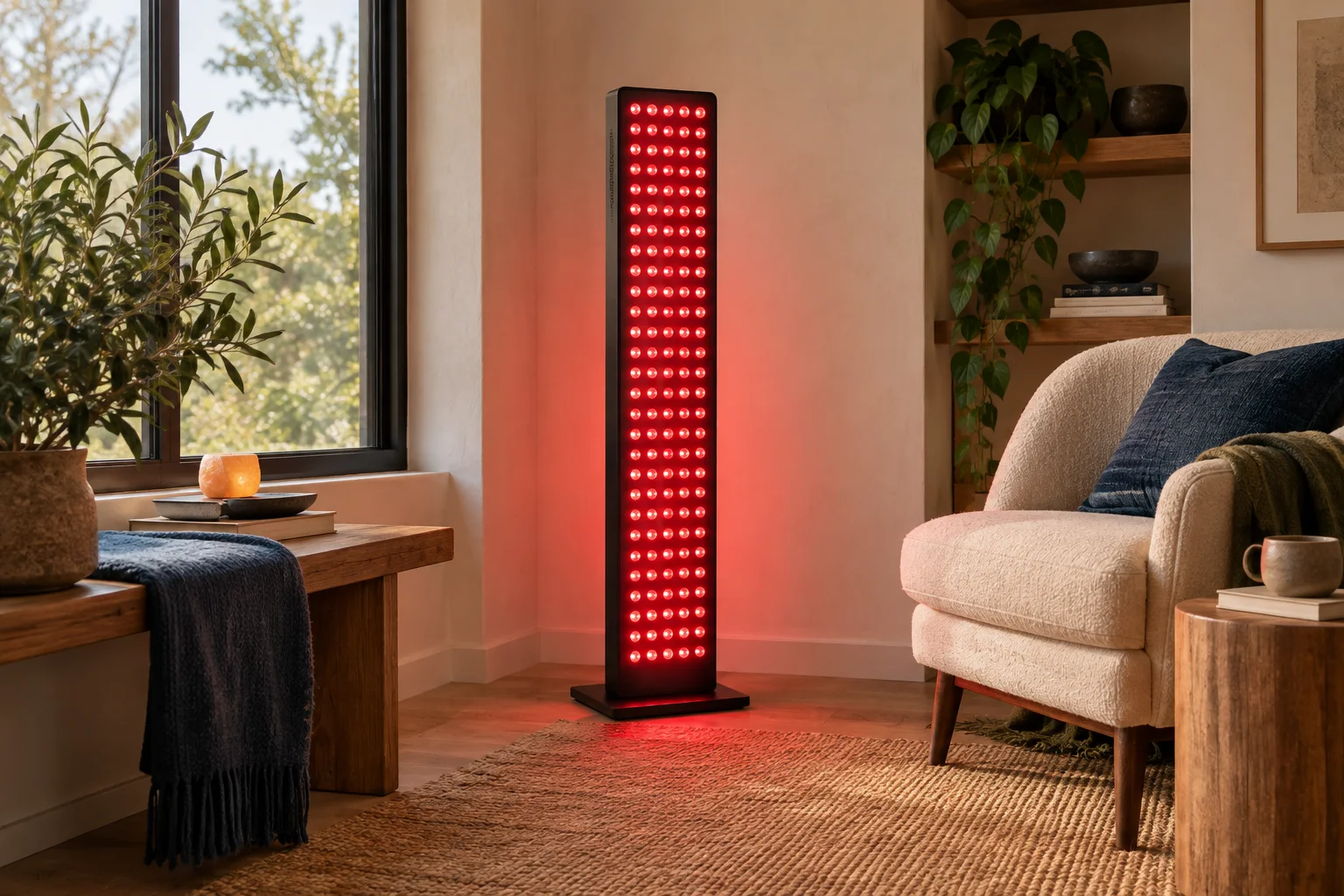 Red-light therapy panel glowing in a calm, sunlit living room