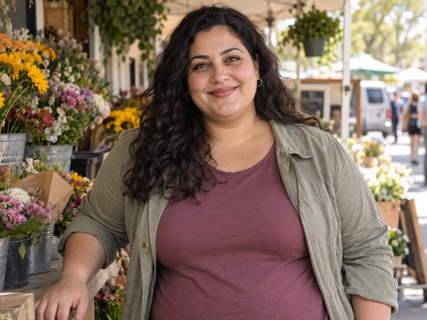 Woman looking at the camera beside flowers at a neighborhood market