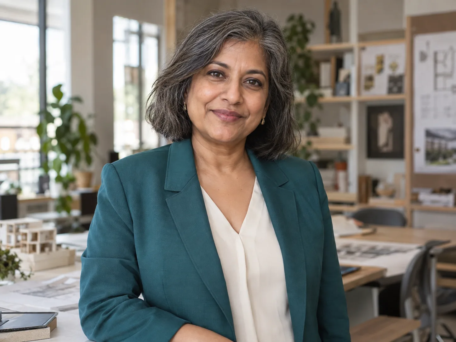 Woman in a teal jacket looking at the camera in a design studio