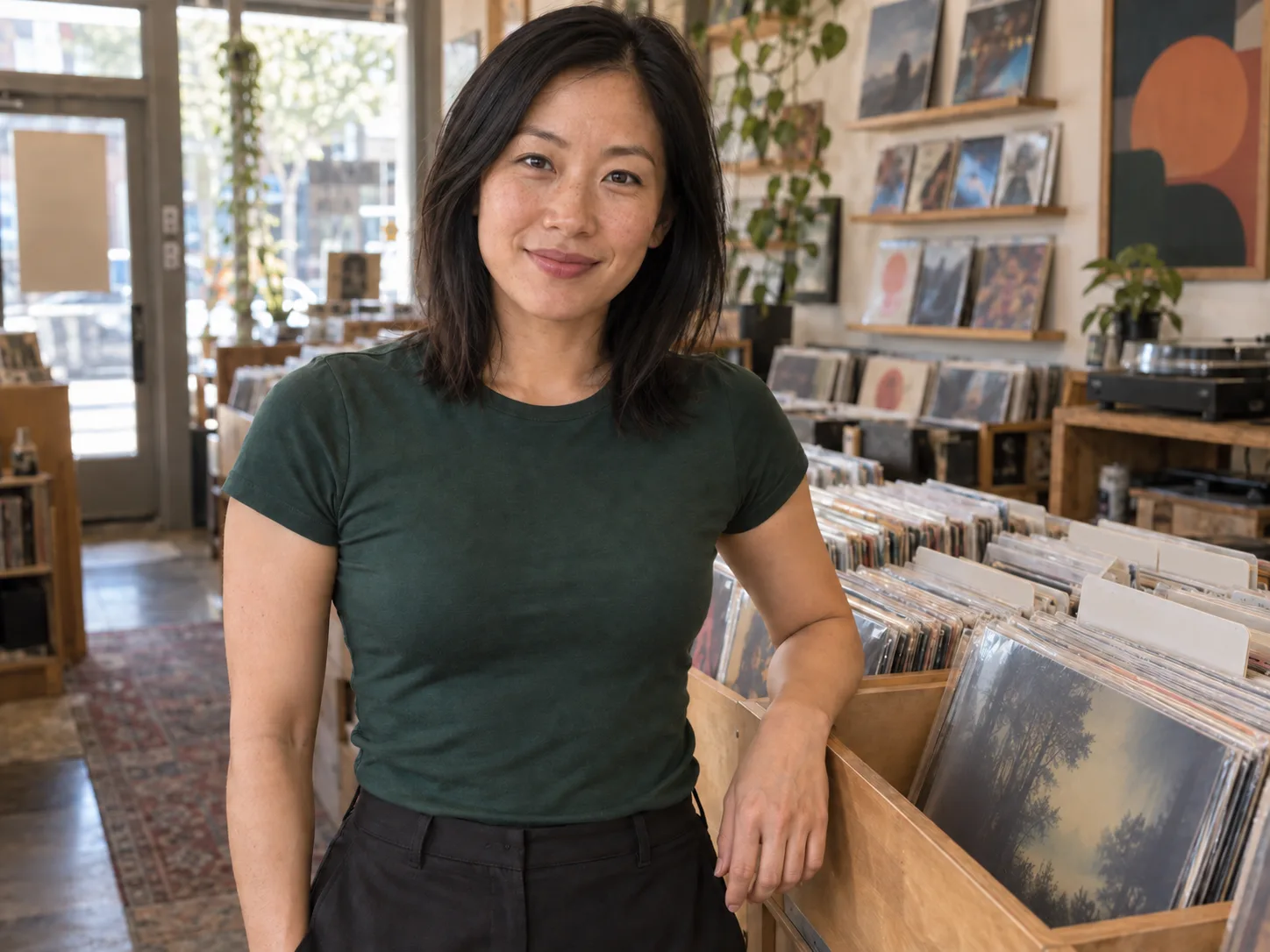 Woman in a green shirt looking at the camera in a neighborhood record shop