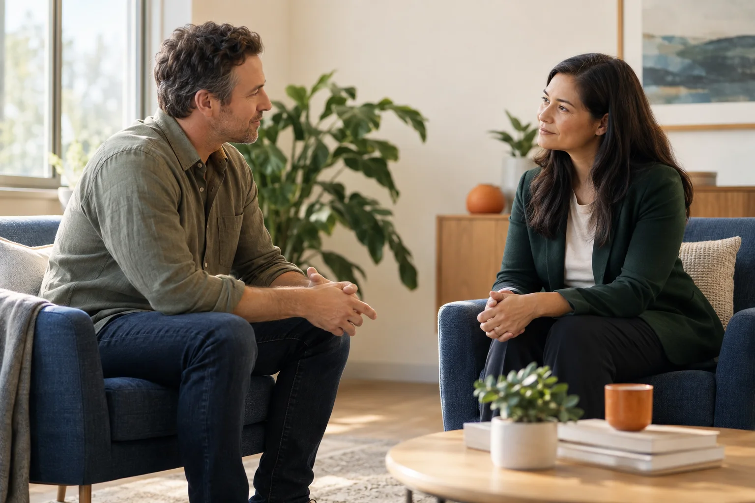 Two adults having an attentive face-to-face care conversation