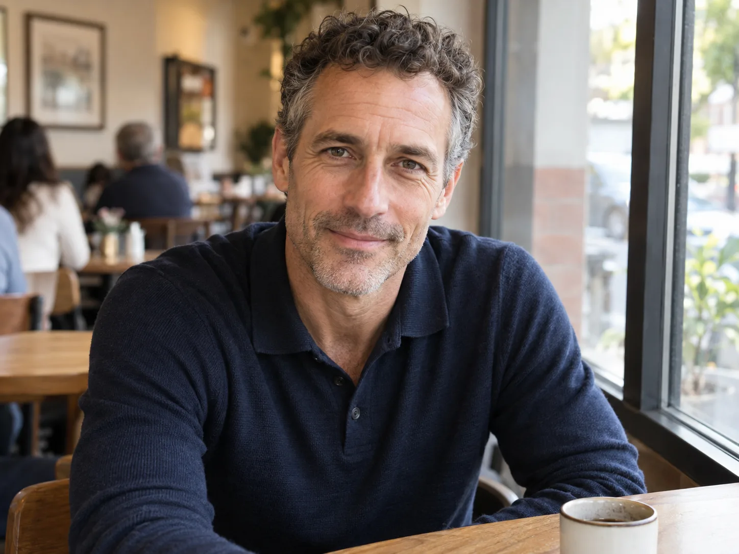 Man in a navy shirt looking at the camera in a neighborhood café